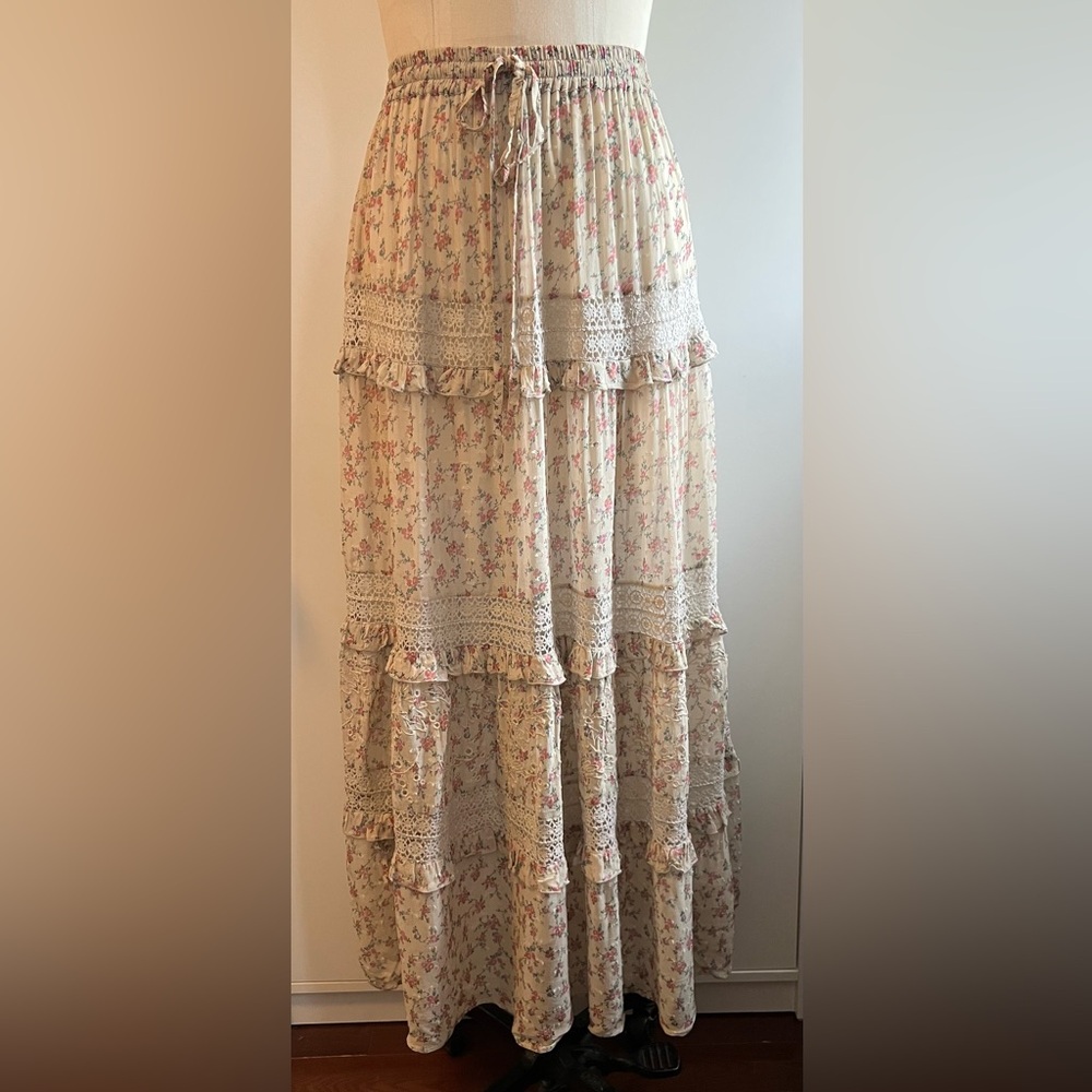 LoveShackFancy Cream and Pink Floral Maxi Skirt